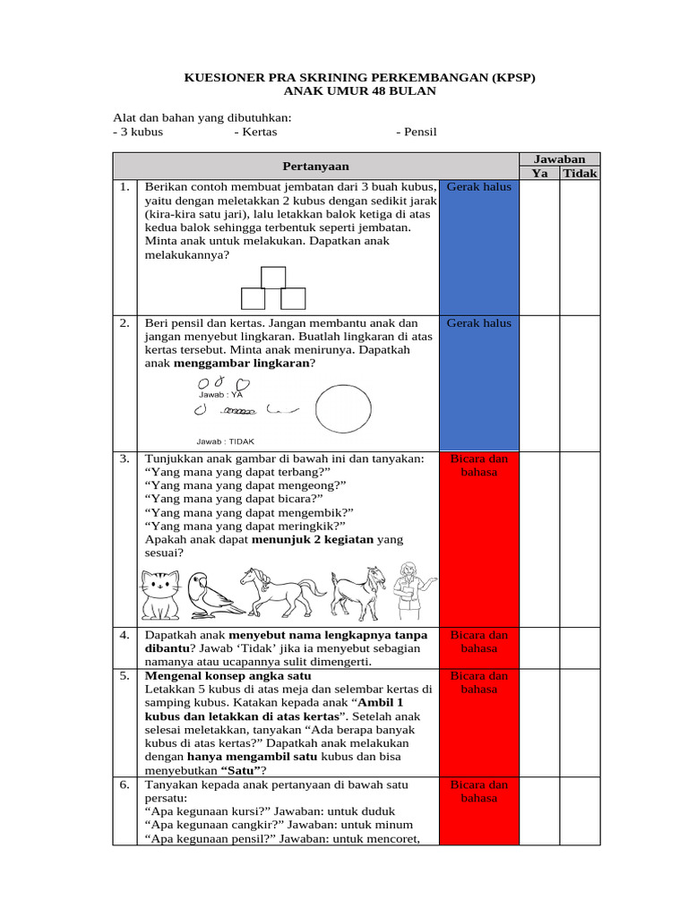 Kuesioner KPSP Pra Skrining - TK | PDF