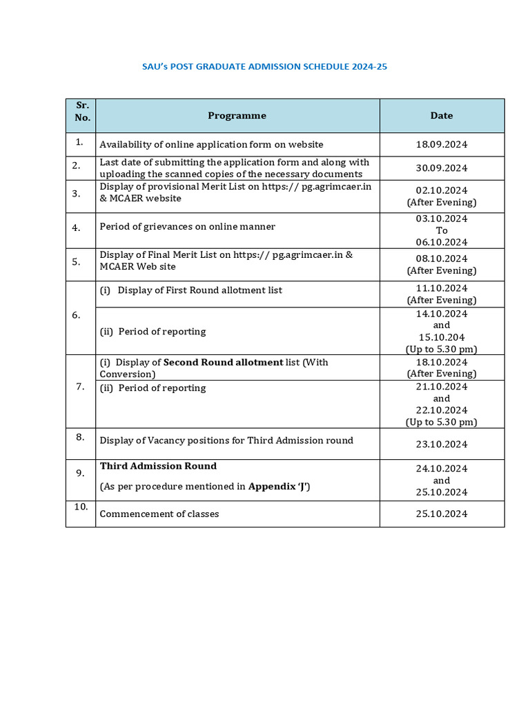 PG Admission 2024-25 Schedule | PDF