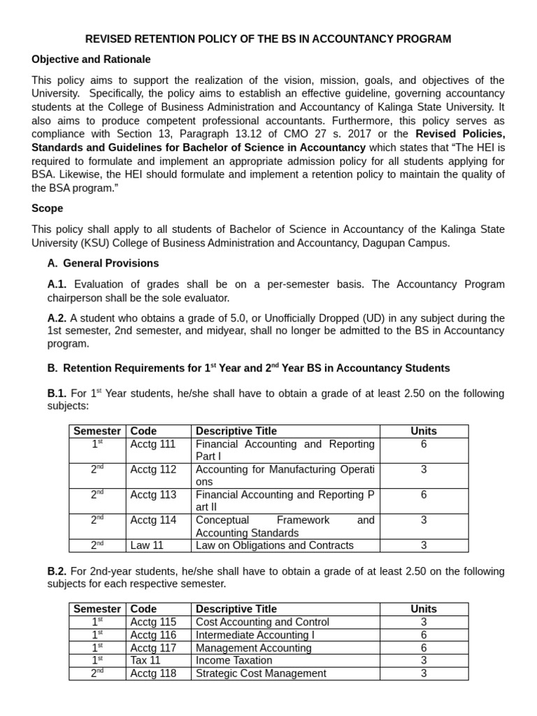 Retention Policy of The BS in Accountancy Program | PDF
