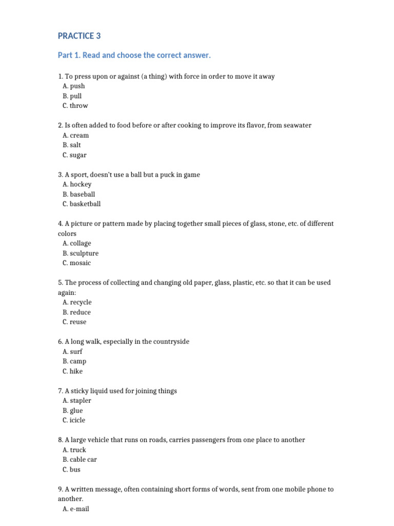Practice 3: Part 1. Read and Choose The Correct Answer | PDF