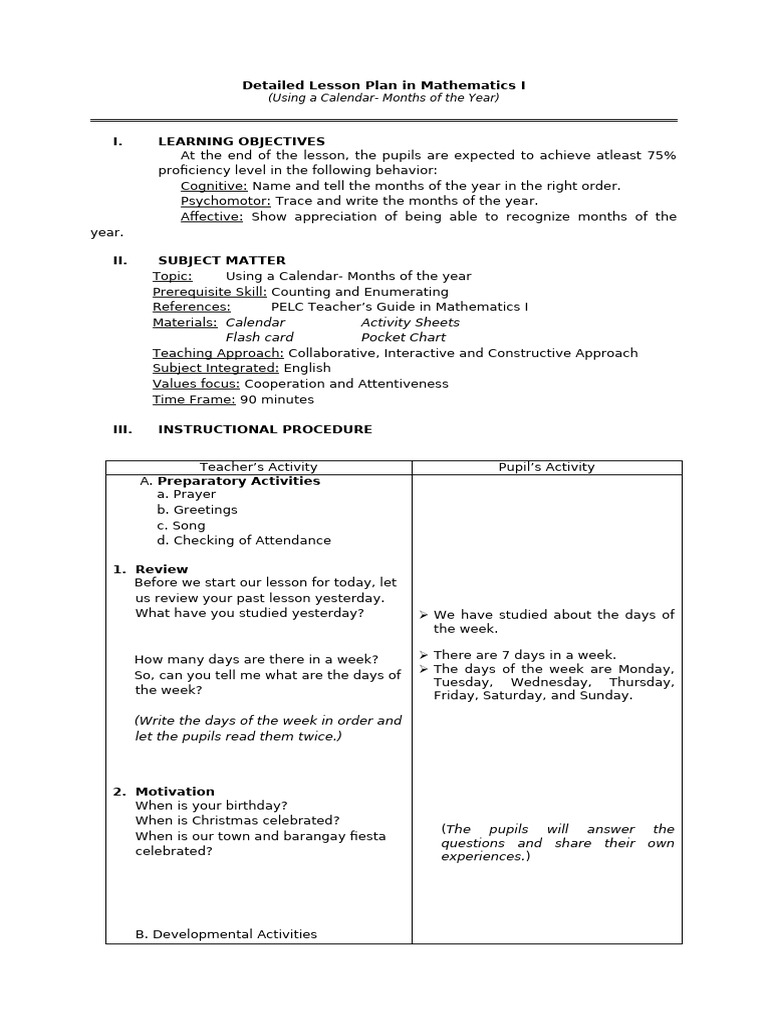 DETAILED LESSON PLAN IN MATHEMATICS 1 Do | PDF