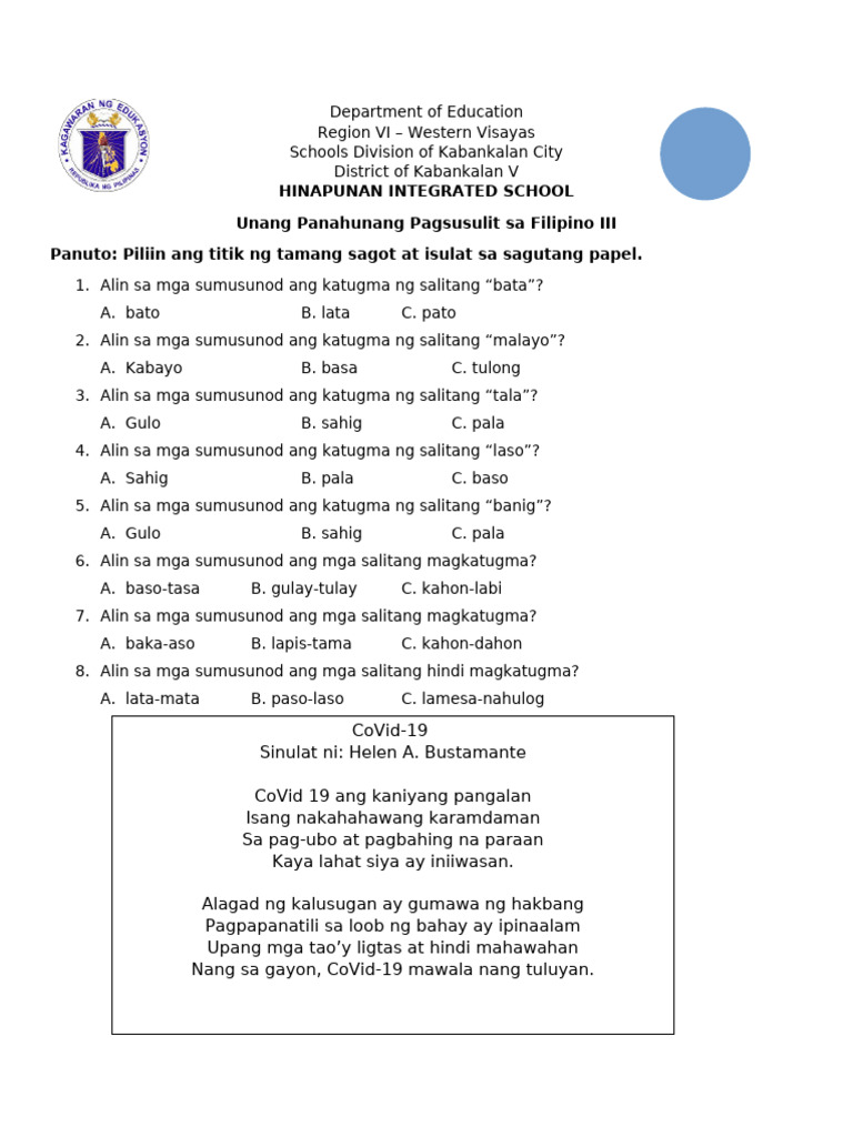 1st Periodical Test In Filipino 3 Pdf