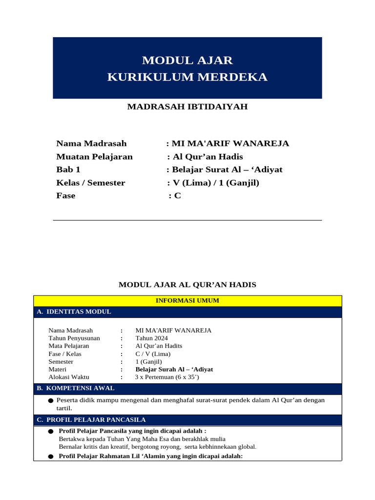 Modul Ajar Al Qur An Hadis Kelas 5 Pdf Islamic Texts Semitic