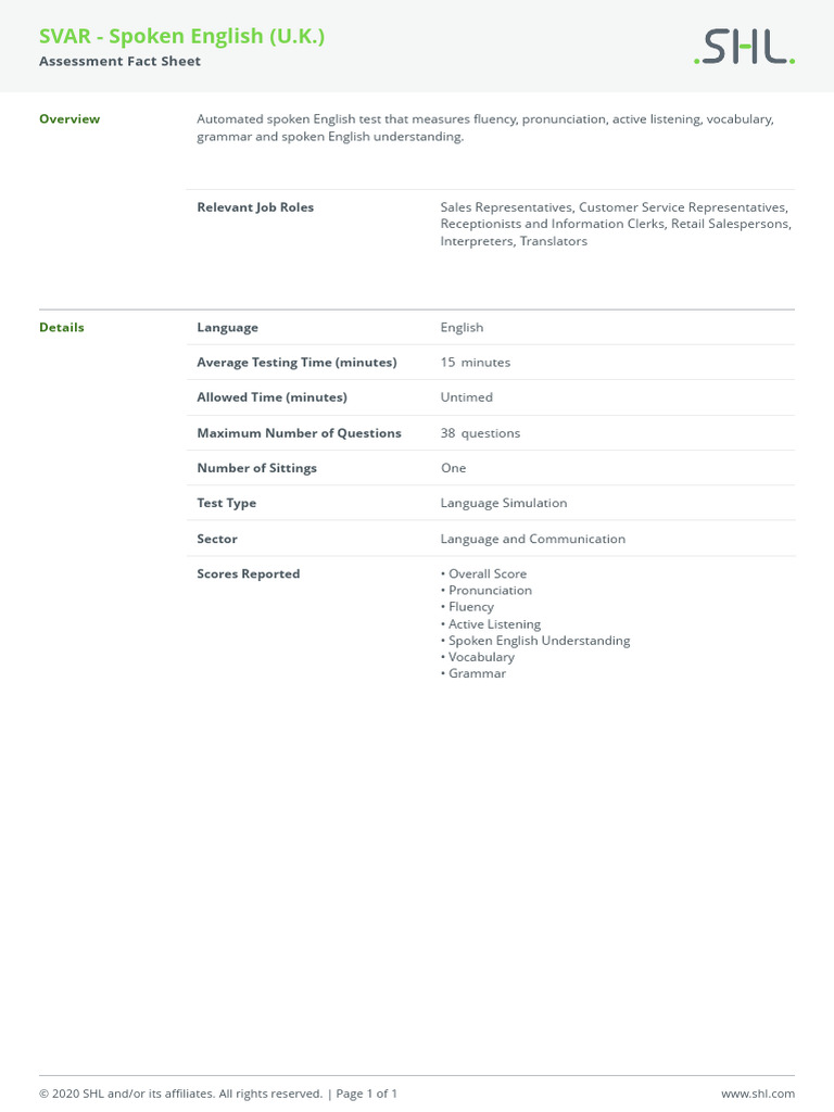 SVAR Spoken English Assessment Overview | PDF | Career & Growth ...