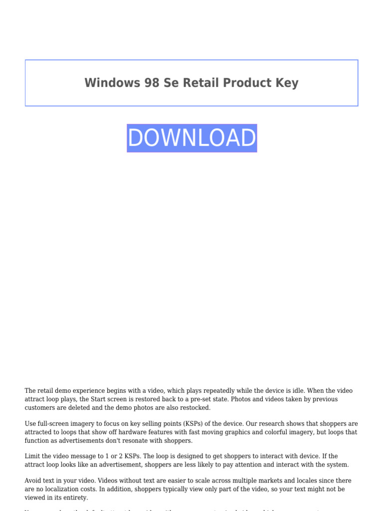 Windows 98 SE Retail Product Key Guide | PDF | Windows 10 | Microsoft ...