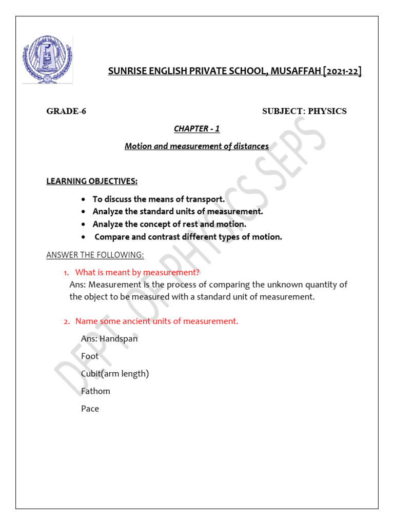 Grade 6 Physics Motion Notes 2021 Pdf