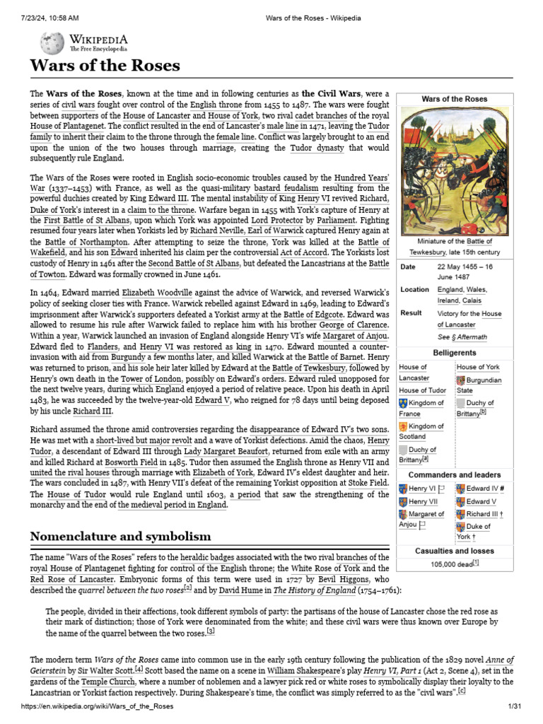 Wars of The Roses - Wikipedia | PDF