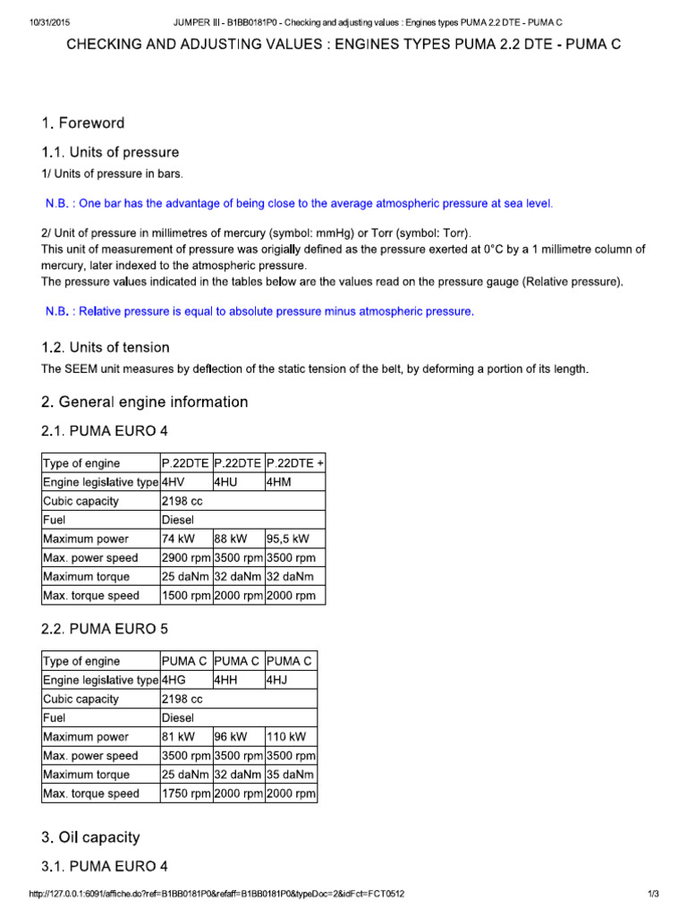 JUMPER III - B1BB0181P0 - Checking and ... - Engines Types PUMA 2 | PDF