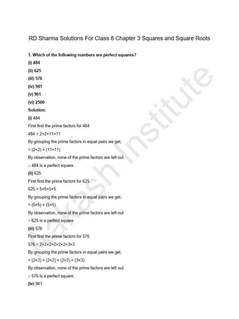 Rd sharma solutions for class 8 chapter 3 squares and square roots pdf