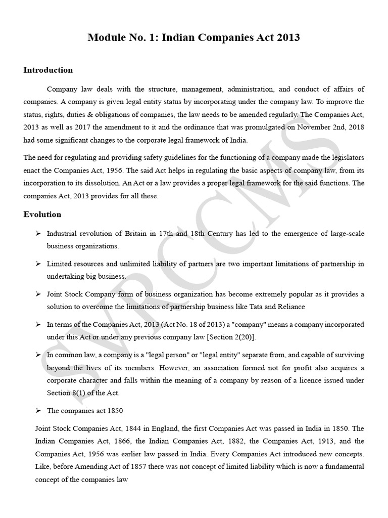 Module No 1 Indian Companies Act 2013 Pdf Piercing The Corporate