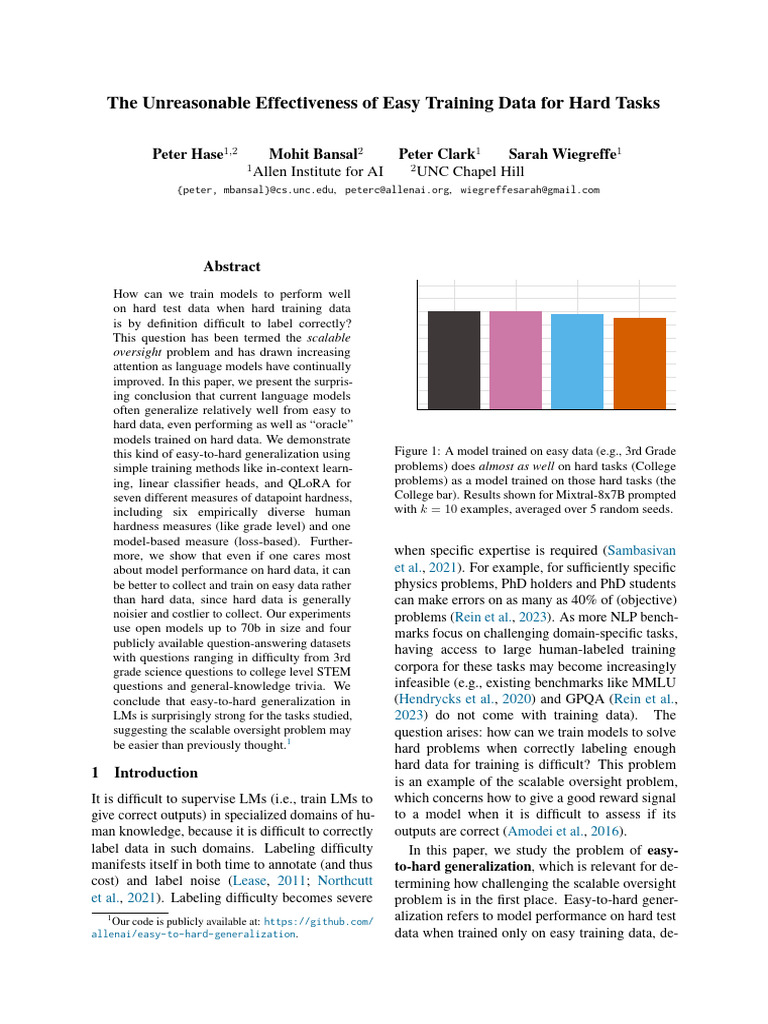 The Unreasonable Effectiveness of Easy Training Data For Hard Tasks | PDF