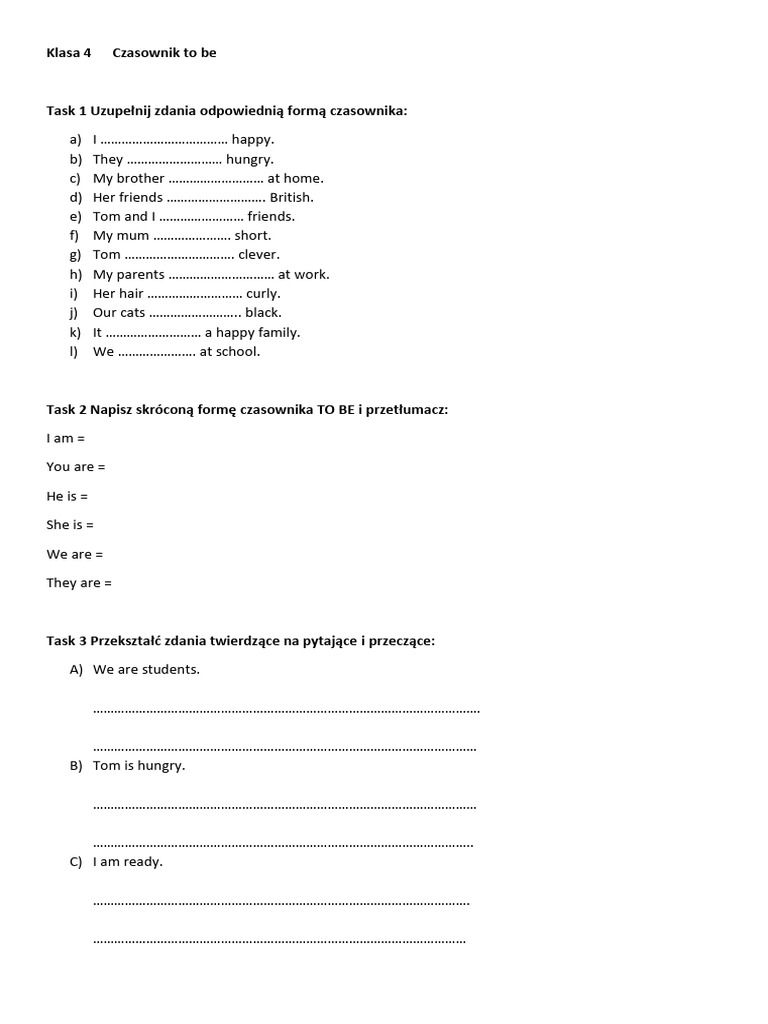 Czasownik to be klasa 4 pdf