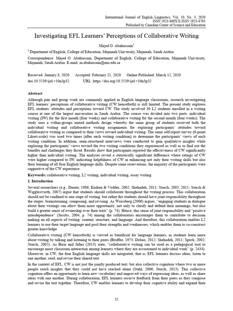 EFL Learners' Views on Collaborative Writing | PDF | English As A ...