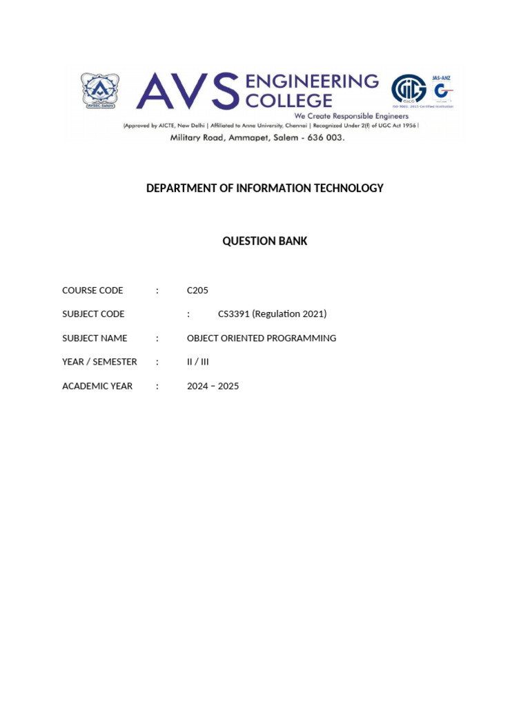CS3391 Object Oriented Programming Question Bank | PDF