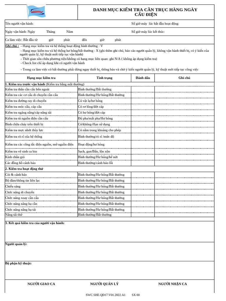 SWC.she.QĐ17.V01.2022.A1 Checklist Kiểm Tra Cần Cẩu Điện (Mới 9.4.24) | PDF