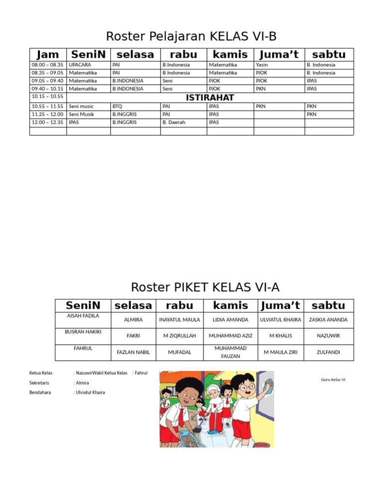 Roster Pelajaran KELAS VI - B. | PDF