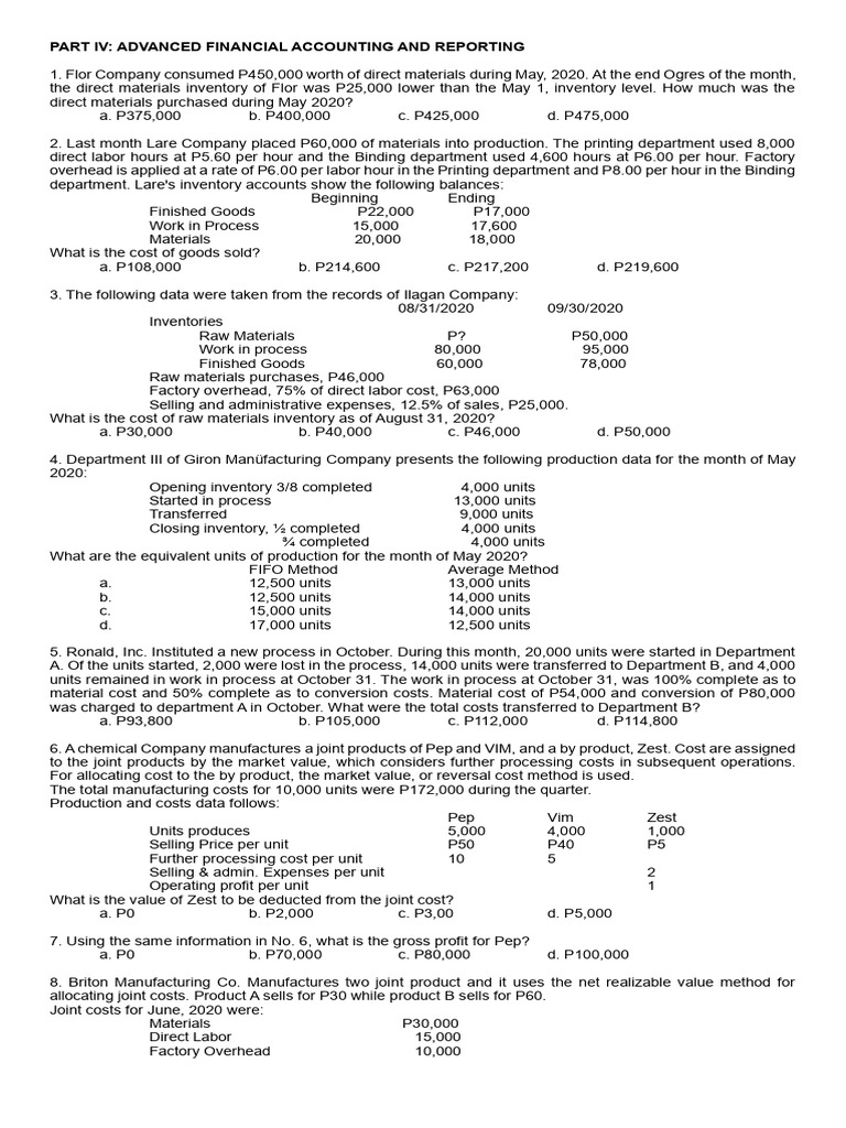 Advanced Financial Accounting Exercises | PDF | Cost Of Goods Sold ...