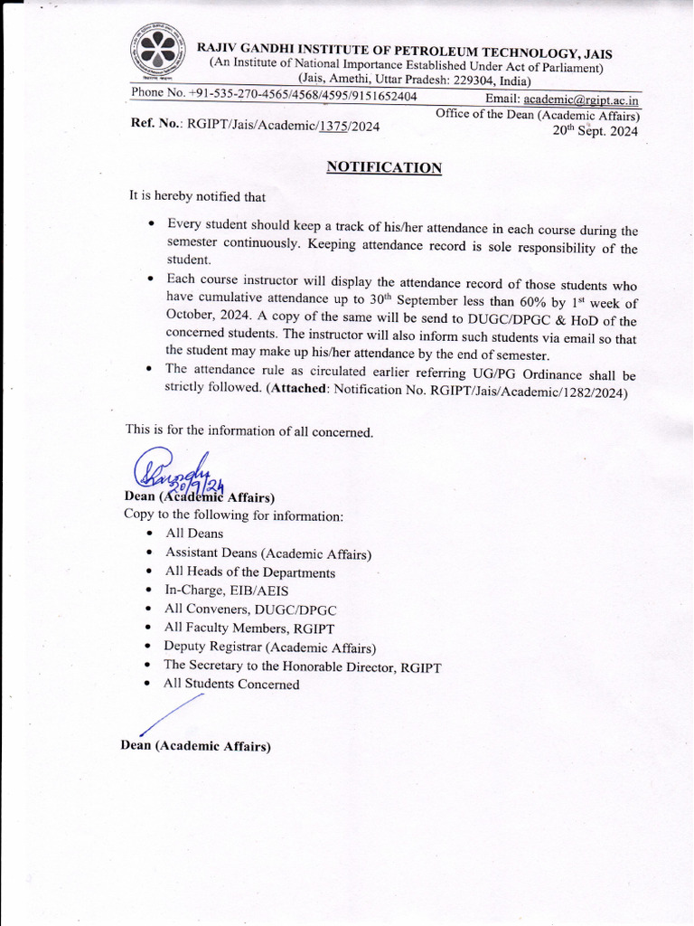 Notification-Attendance Less Than 60% and Inform Student | PDF