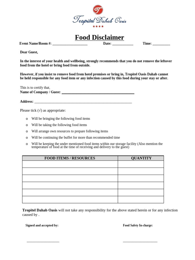Hotel Food Disclaimer and Waiver Form | PDF