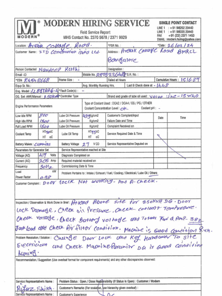 Modern DG 250 KVA Inspection Report - 26.02.24 | PDF