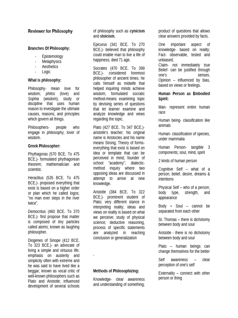 Reviewer For Philosophy 1st Quarter | PDF | Plato | Philosophy