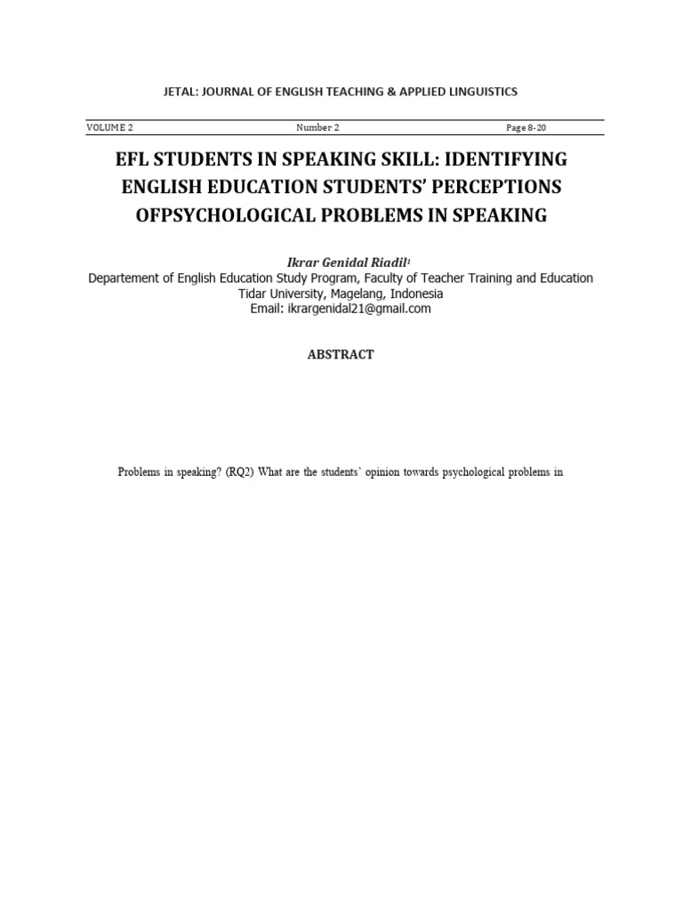 Efl Students in Speaking Skill: Identifying English Education Students ...