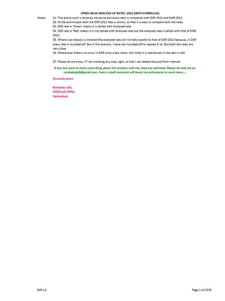 CPWD Dar 2012 in Ms Excel PDF Free | PDF