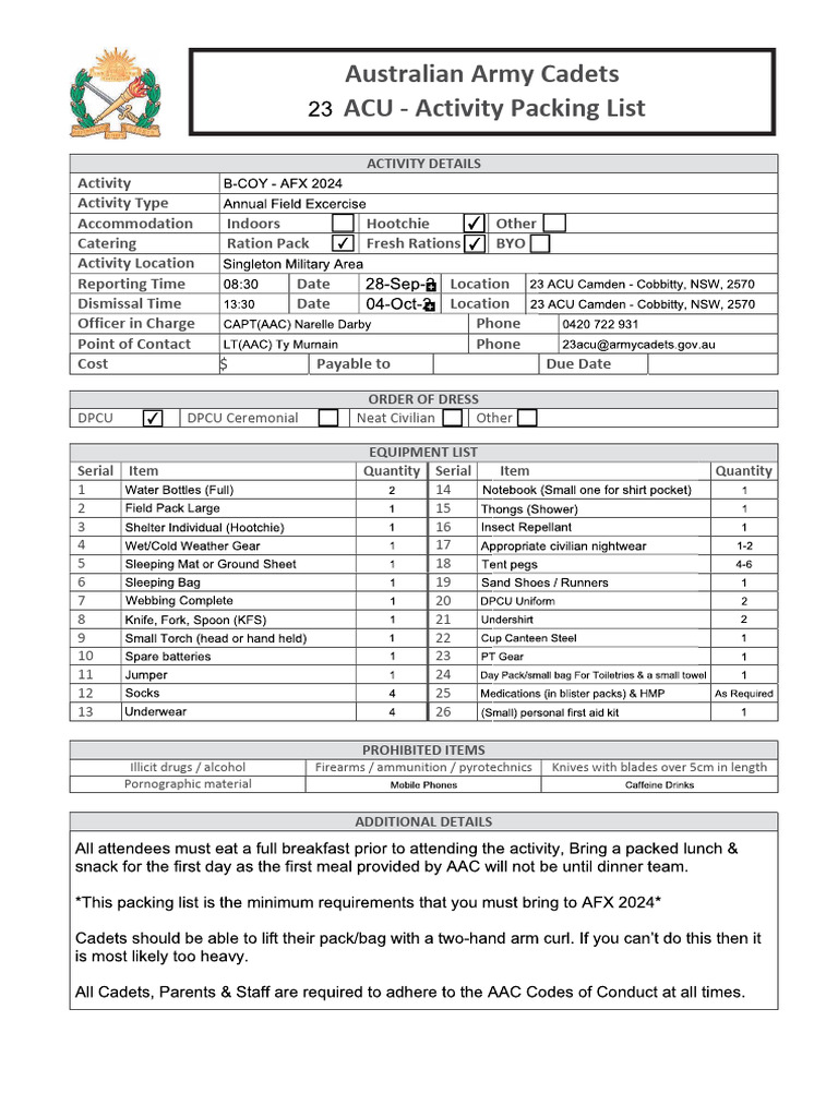 Packing List Requirements