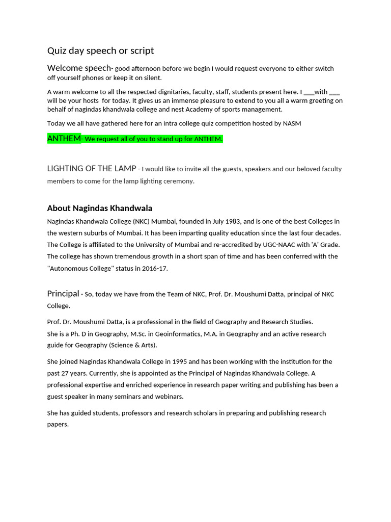 Quiz Day Speech or Script | PDF