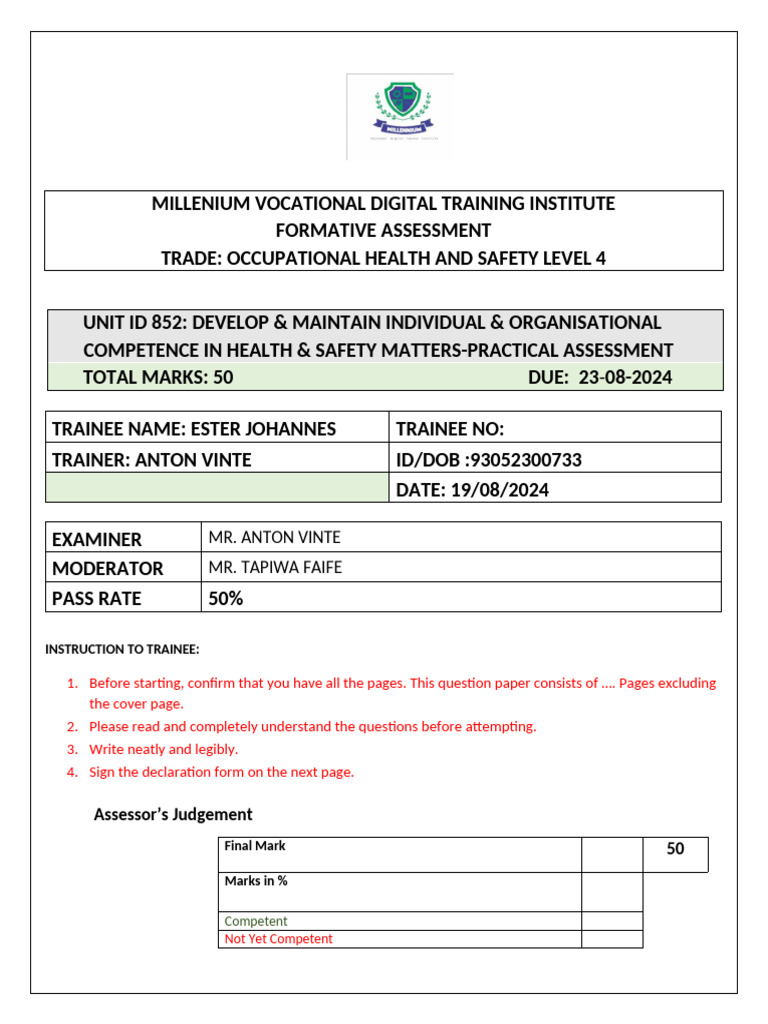 Health & Safety Level 4 Assessment Guide | PDF | Occupational Safety ...