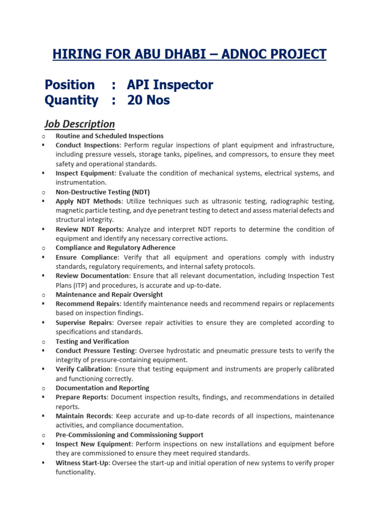 API Inspector For Abu Dhabi - Offshore Project - Rotation-1 | PDF ...
