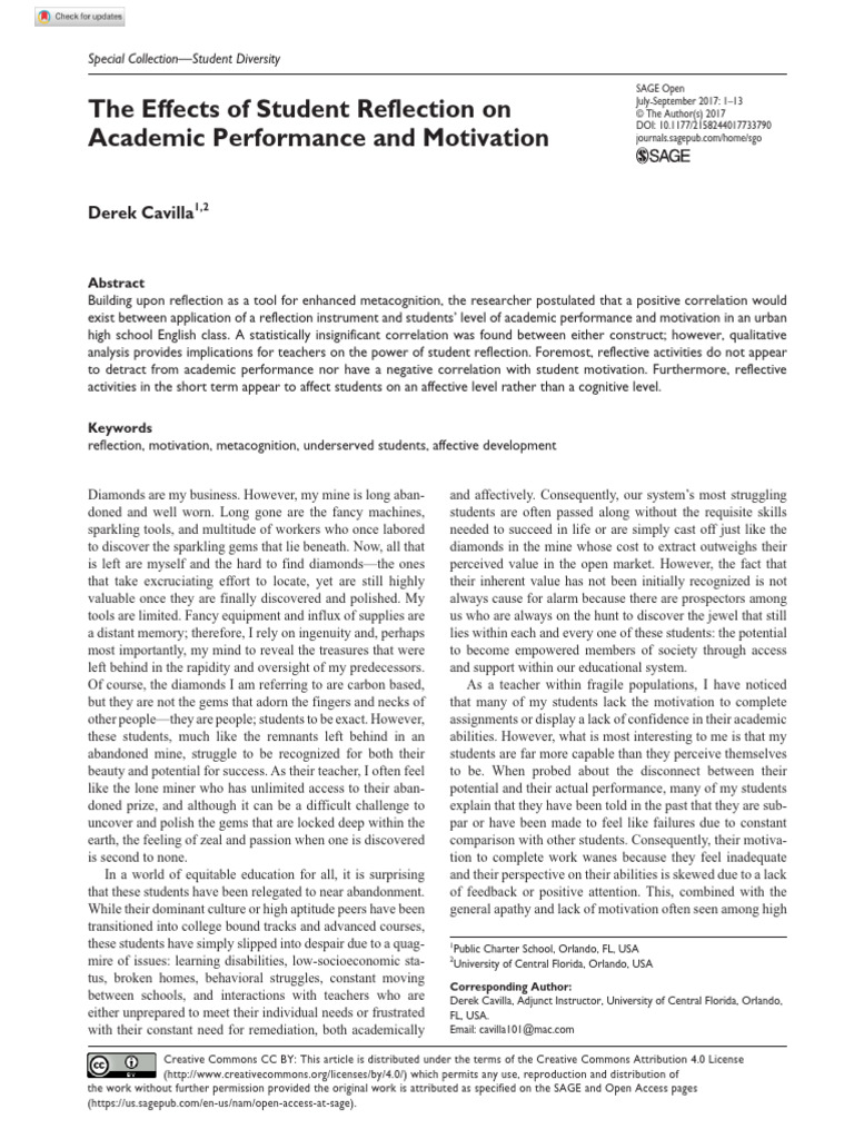 Cavilla 2017 The Effects of Student Reflection On Academic Performance ...