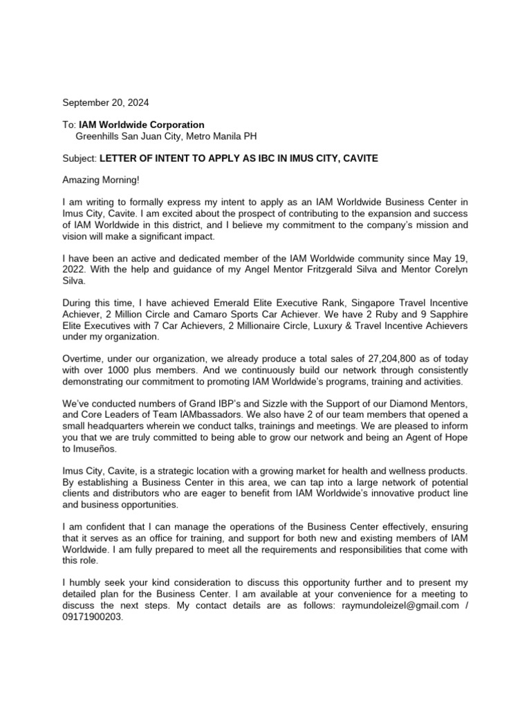 Letter of Intent Ibc Imus Cavite | PDF