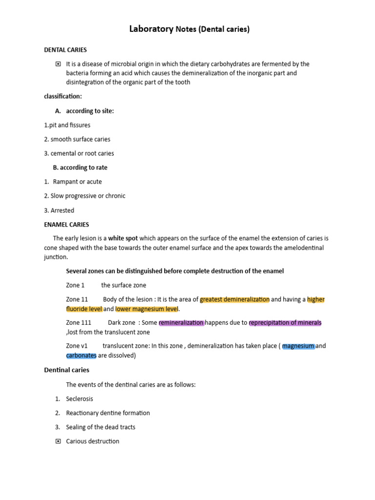 Laboratry Notes Dental Caries | PDF