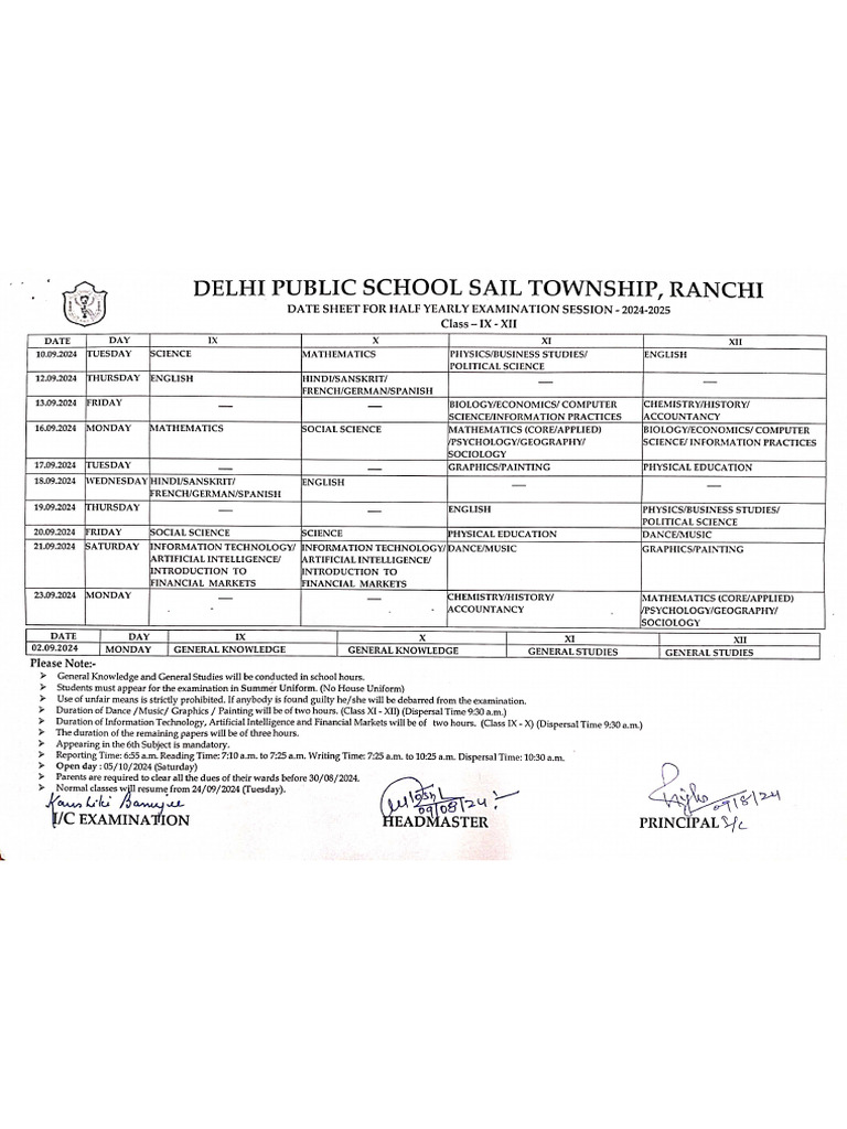 DATE SHEET CLASS IX-XII HALF YEARLY EXAMINATION 2024-25joojj | PDF