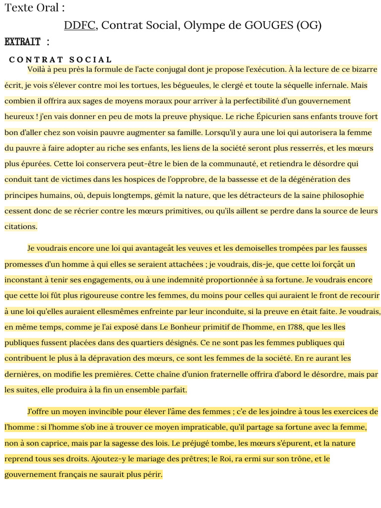 Texte Oral - Bac - Contrat Social - Olympe de Gouges | PDF