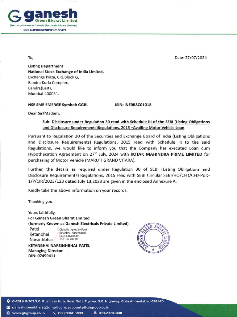 GGBL 27072024201544 Intimationmotorvehicleloan | PDF