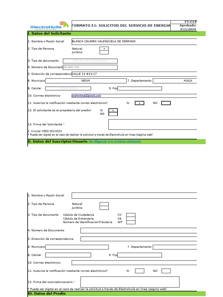 Solicitud Servicio Energía Formato E1 Pdf Papel Transporte