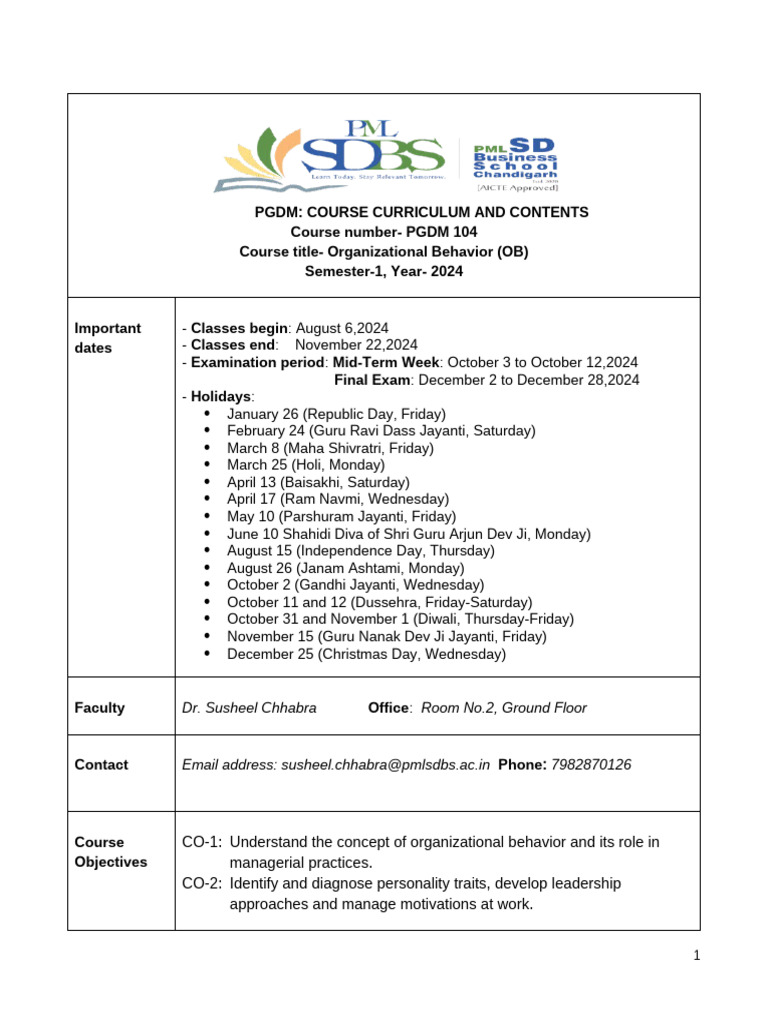 PGDM 104 OB Course Outline | PDF