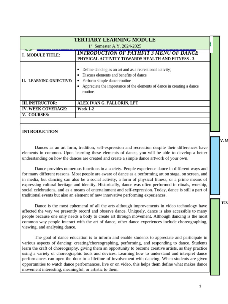 Pathfit 3 Week 1 2 Pdf Dances Ballet