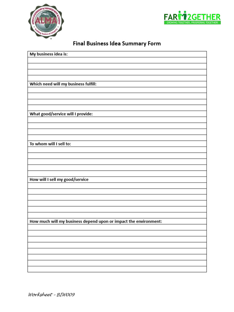 BIW009 - Final Business Idea Summary Form | PDF