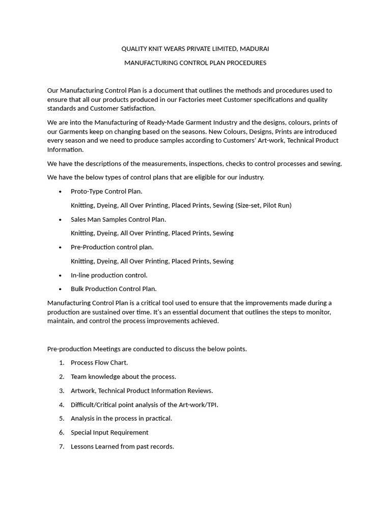 Manufacturing Control Plan Overview | PDF | Knitting | Business