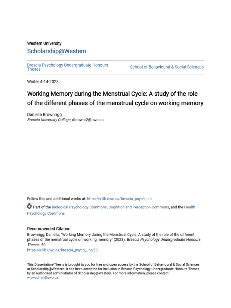 Working Memory During The Menstrual Cycle A Study of The Role of | PDF
