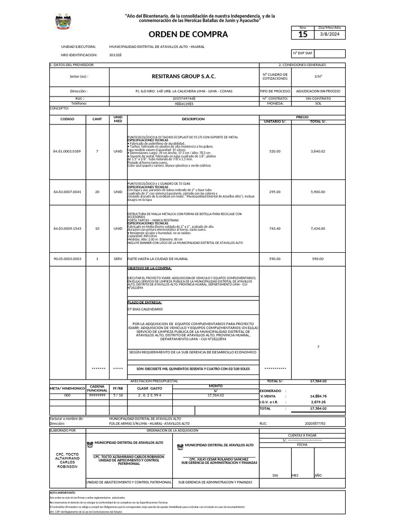 Orden de Compra Municipalidad Atavillos Alto | PDF | Materiales