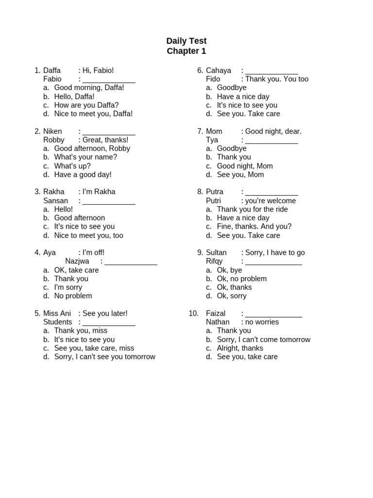 Daily Test 1 GREETINGS LEAVE TAKING THANKING APOLOGIZING Copy PDF