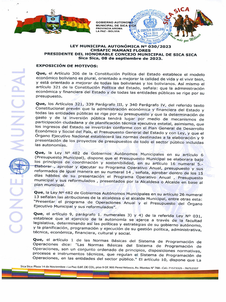 Ley Municipal 030 2023 Aprobacion Del Plan Operativo Anual Poa 2024 | PDF