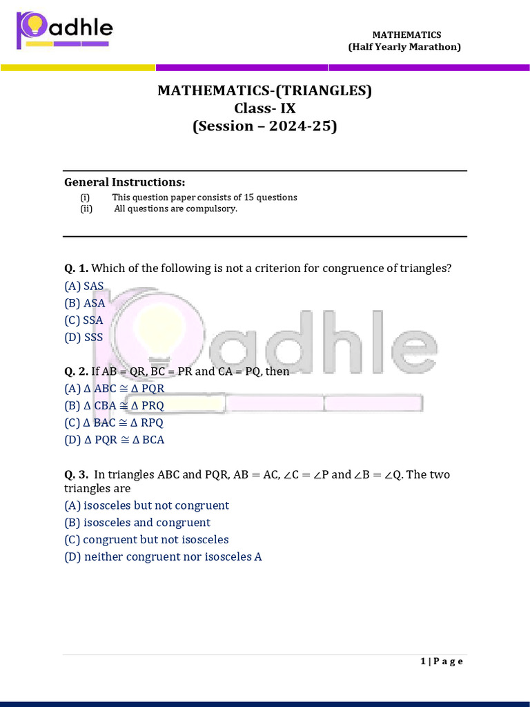 Triangles Important Question | PDF