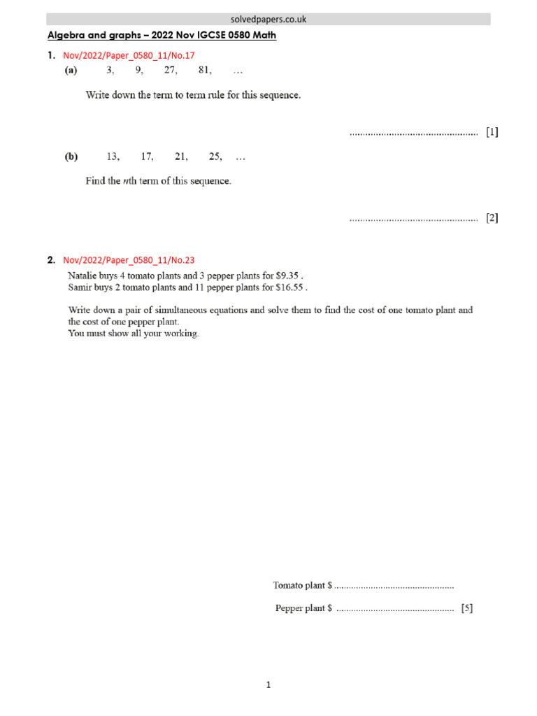 2022N Algebra and Graphs IGCSE 0580 Math | PDF
