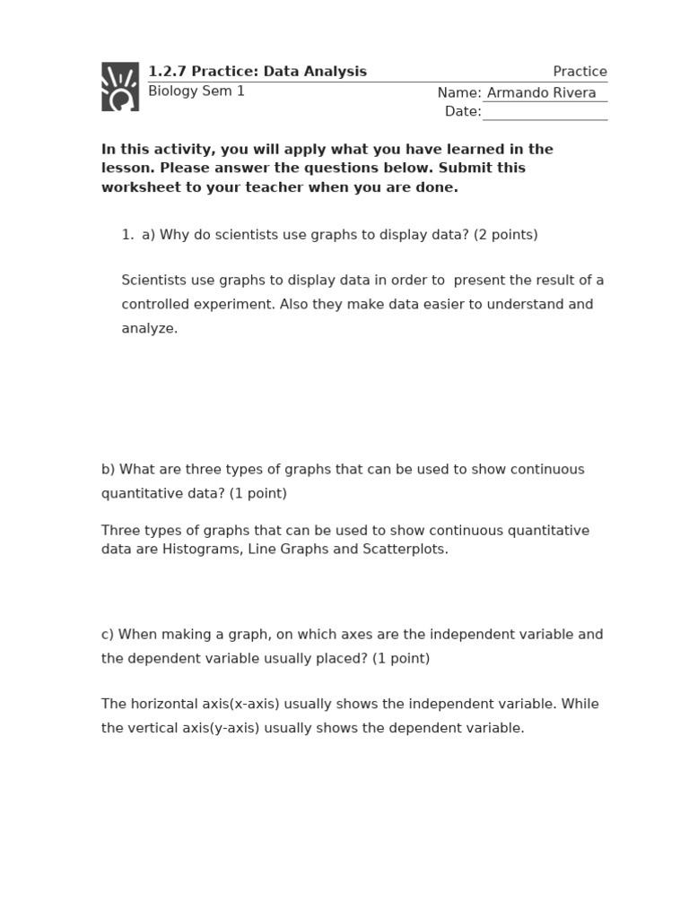 Data Analysis Worksheet Biology
