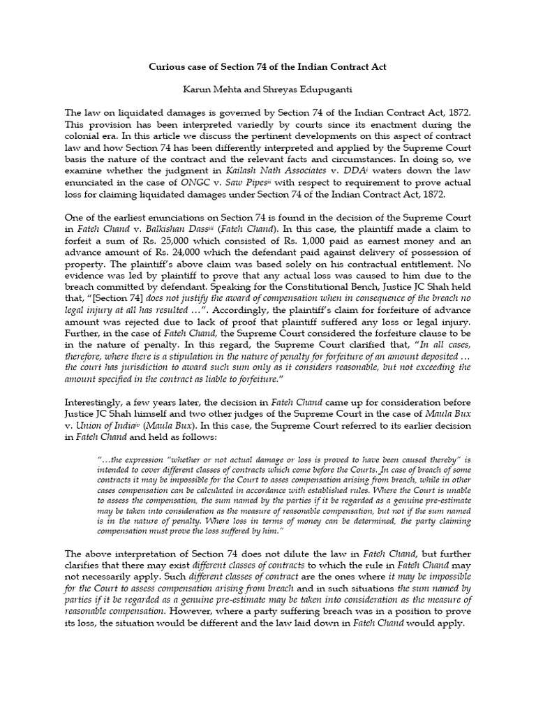 Section 74: Liquidated Damages Insights | PDF | Breach Of Contract ...